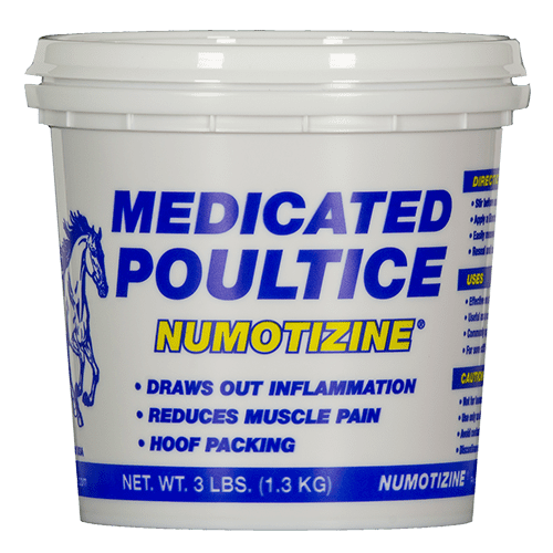 3-lbs-Front-View-500 Numotizine Medicated Poultice container, 3 lbs size, designed for drawing out inflammation, reducing muscle pain, and providing effective hoof packing treatment for horses and livestock